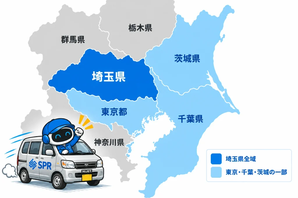 spr service area map hijet final エスピーアール(SPR)水道修理サービスの出張対応エリアマップ。埼玉県全域と東京都・千葉県・茨城県の一部地域に対応。